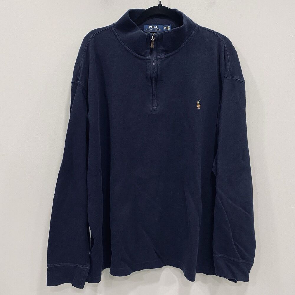 Polo Ralph Lauren Mens 2XB Navy Blue Estate Rib 1/4 Zip Sweater Preppy Pony Logo